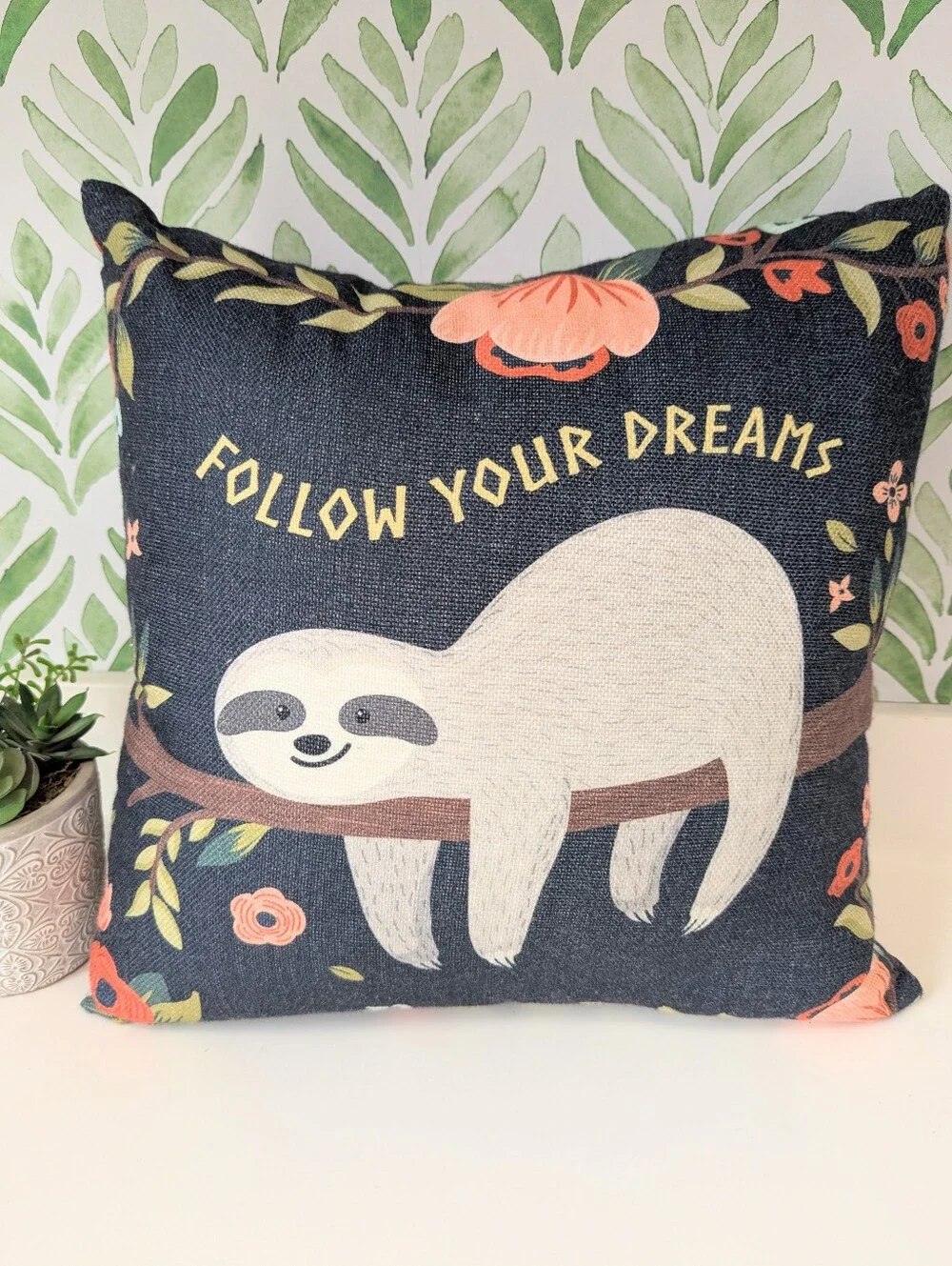 Follow Your Dreams Sloth Decorative Throw Pillow - Navy Floral